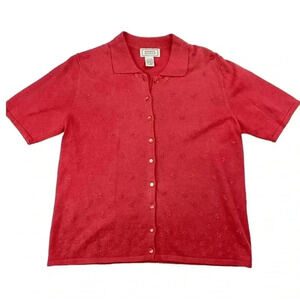 VTG Jennifer Moore Women's Red Collared Top Short Small Embroidered Flowers
